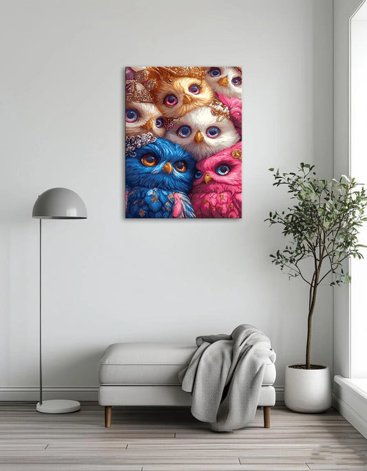 A vibrant group of owls with large, expressive eyes perched together on a branch.