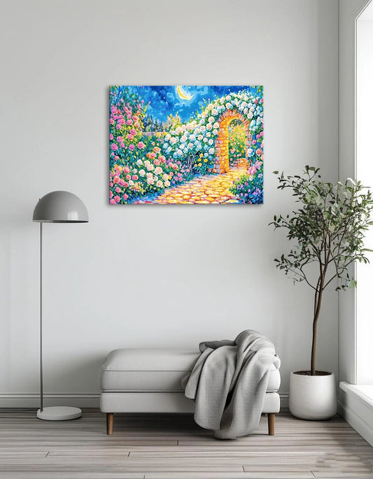 A painting depicting a serene garden filled with blooming roses under a glowing moonlight.