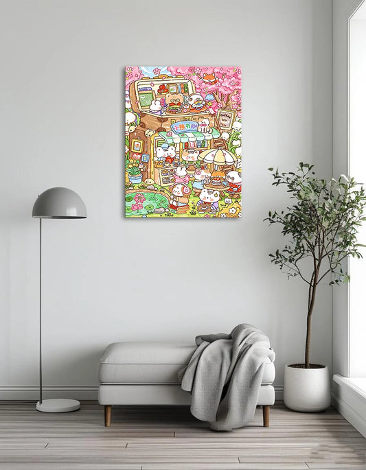 A colorful cartoon of a cafe filled with various playful cats lounging and interacting with each other and customers.