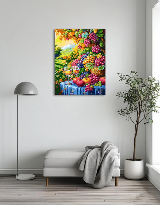 A still life painting featuring a cluster of grapes and a glass of wine on a wooden table.