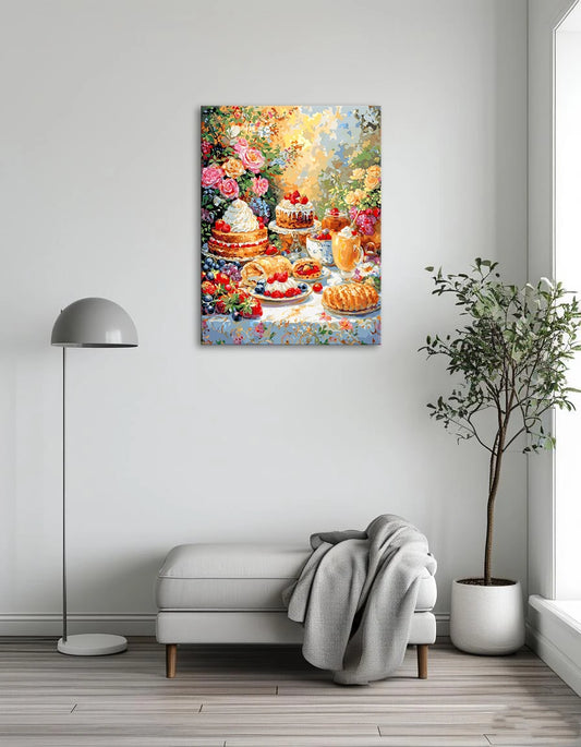 A painting depicting a table adorned with various cakes and an assortment of food items.