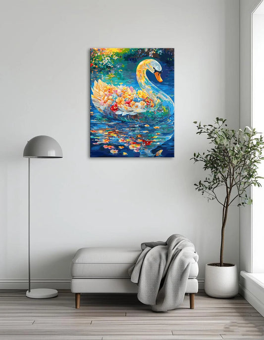 A serene painting of a swan gliding on water surrounded by colorful flowers.
