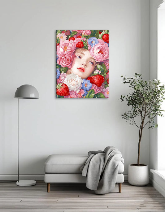 A woman stands amidst vibrant flowers and ripe strawberries, creating a colorful and lively outdoor scene.