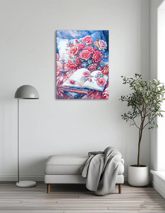A painting depicting vibrant roses and stacked books resting on a neatly made bed.