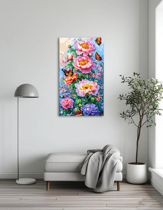 A vibrant painting featuring colorful flowers surrounded by delicate butterflies in a serene garden setting.