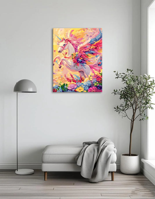 A vibrant painting of a unicorn with colorful wings, set against a whimsical background.