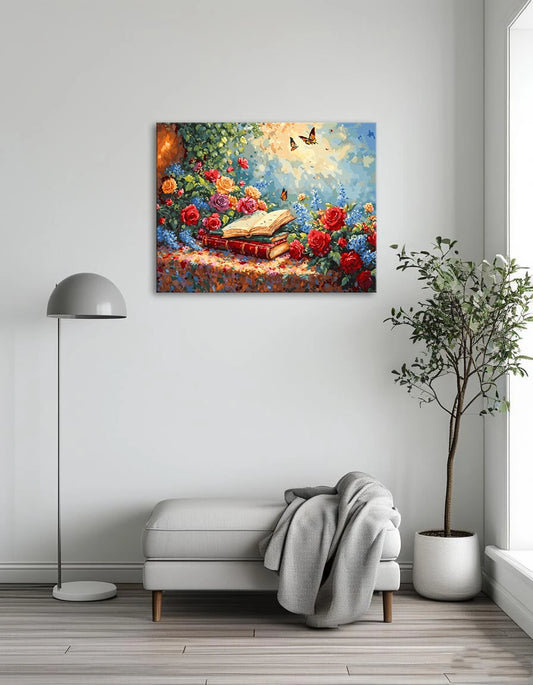 An oil painting depicting an open book surrounded by vibrant flowers on a textured background.