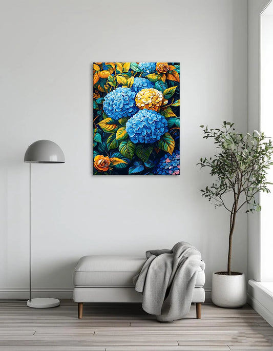 A vibrant painting featuring blue and yellow flowers against a soft background.