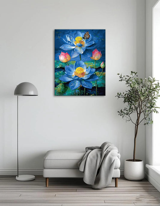 A painting featuring blue lotus flowers with a butterfly perched delicately among the blooms.