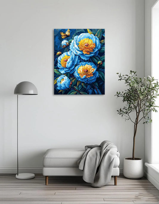 Blue peonies with yellow butterflies fluttering on a serene blue background.