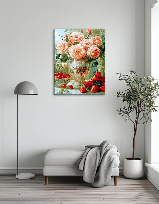 A painting depicting a vase filled with vibrant roses and fresh strawberries on a textured background.