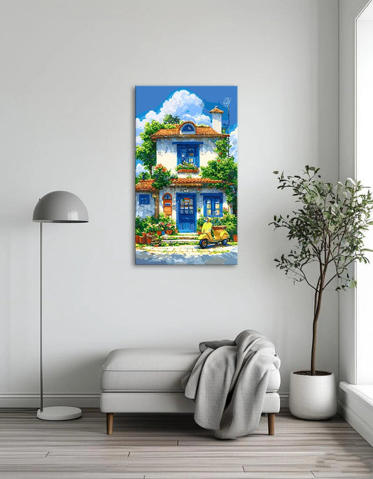 A painting depicting a house beside a bright yellow scooter parked on the driveway.