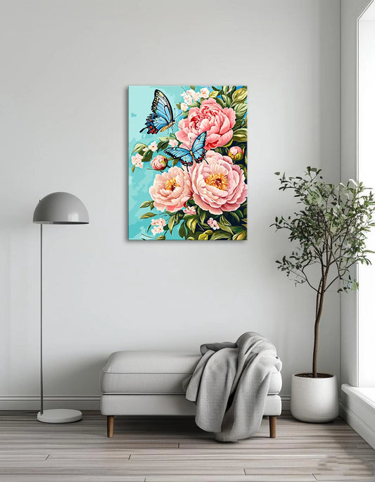 A vibrant painting featuring pink peonies surrounded by delicate butterflies in a lush, colorful setting.