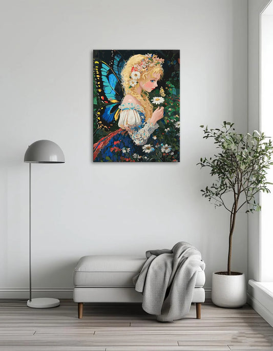 A whimsical painting of a fairy with colorful butterfly wings, surrounded by flowers and soft, glowing light.