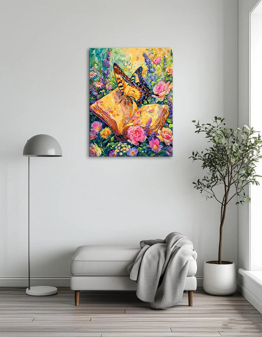 A painting depicting a butterfly resting on an open book surrounded by colorful flowers.