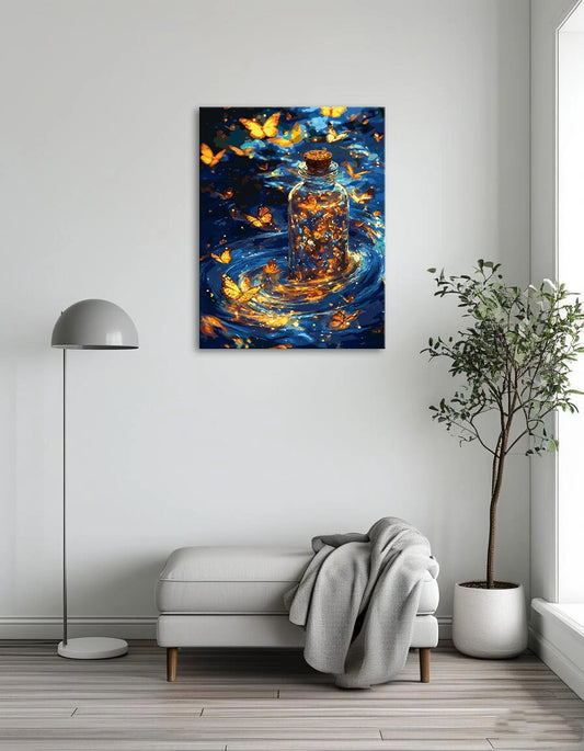 A painting depicting colorful butterflies gracefully floating inside a glass bottle against a soft background.