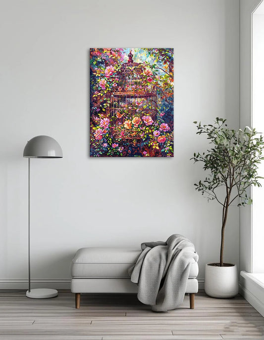A painting depicting a birdcage surrounded by vibrant flowers, symbolizing freedom and nature's beauty.