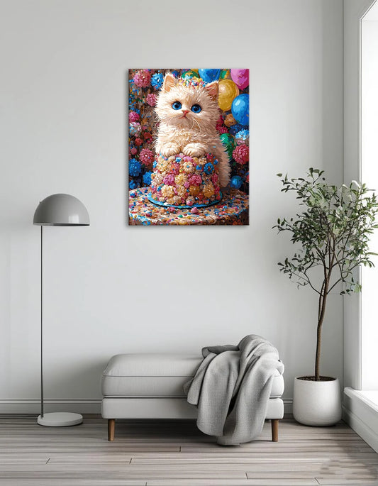 A playful white cat perched on a colorful cake surrounded by festive balloons.