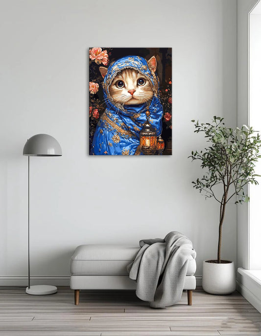 A colorful painting depicting a cat adorned with a blue shawl, highlighting its charm and whimsical character.