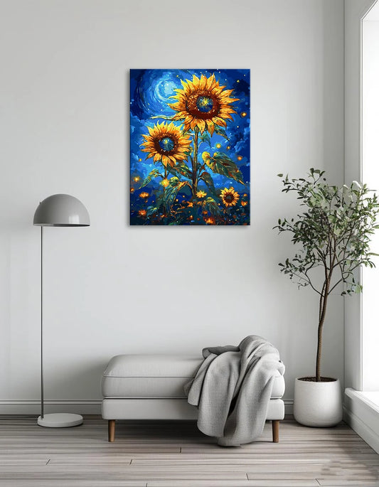 Sunflowers silhouetted against a starry night sky, creating a serene and enchanting atmosphere.