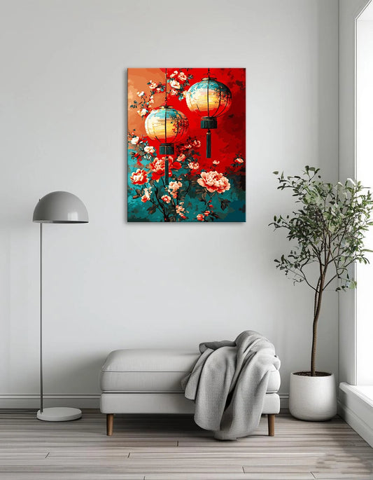 A painting depicting two Chinese lanterns gracefully hanging from a tree branch against a serene background.