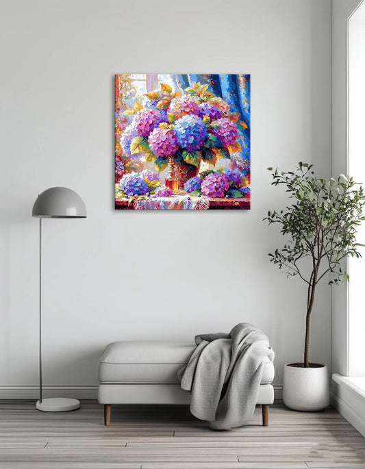 A painting of a vase filled with vibrant purple flowers against a soft background.