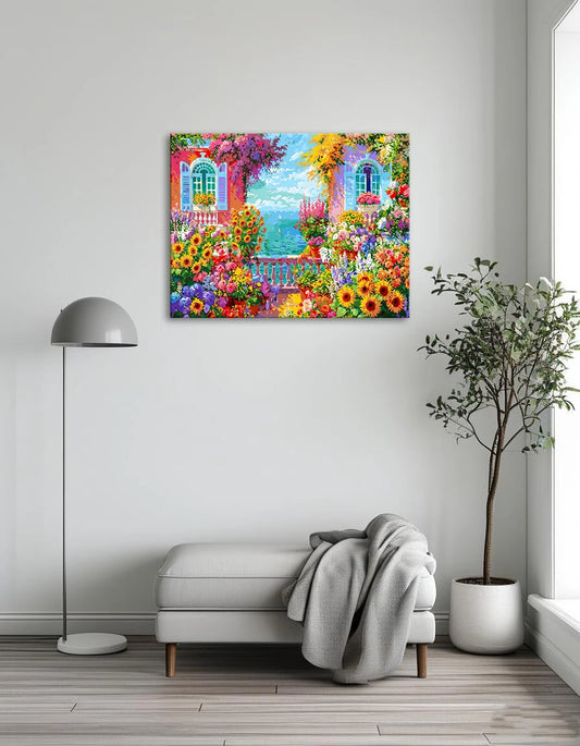 A vibrant painting of a garden filled with colorful flowers and lush green plants.