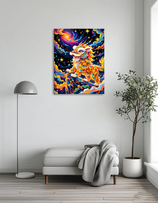 A vibrant lion floats in a starry sky, surrounded by colorful stars and a deep blue backdrop.