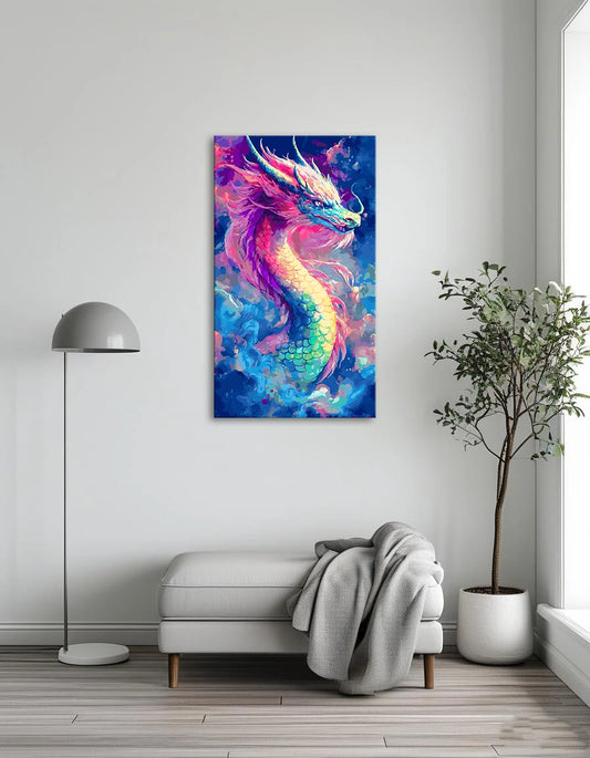 A vibrant dragon with flowing hair and a lengthy tail, showcasing a spectrum of colors.