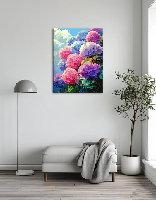 A vibrant painting depicting colorful flowers floating in a blue sky, creating a whimsical and dreamlike atmosphere.