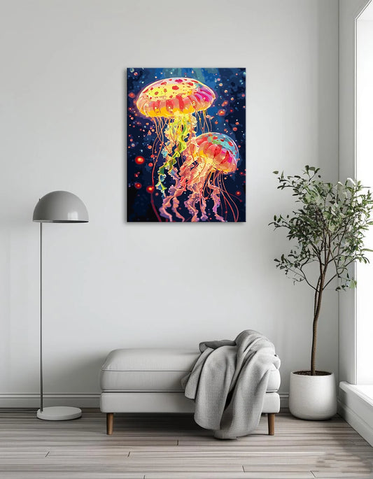 A vibrant watercolor painting of a jellyfish, showcasing its flowing tentacles and translucent body in soft hues.