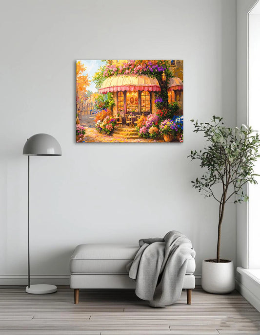 A vibrant painting of a cafe adorned with colorful flowers, creating a lively and inviting atmosphere.