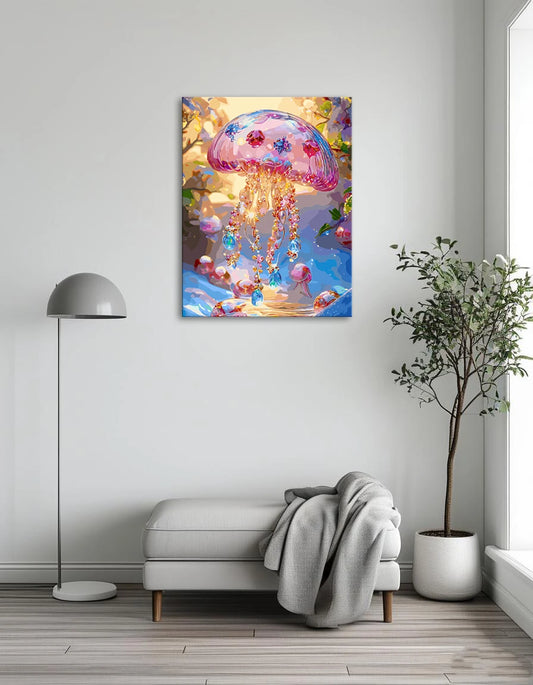 A vibrant painting of a jellyfish adorned with colorful jewels and blooming flowers, creating a whimsical underwater scene.