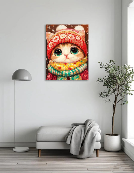 A whimsical painting of a cat adorned with a hat and scarf, showcasing its playful personality.