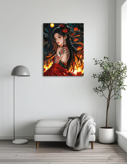 A beautiful woman in a red dress surrounded by flowers and flames, exuding elegance and intensity.