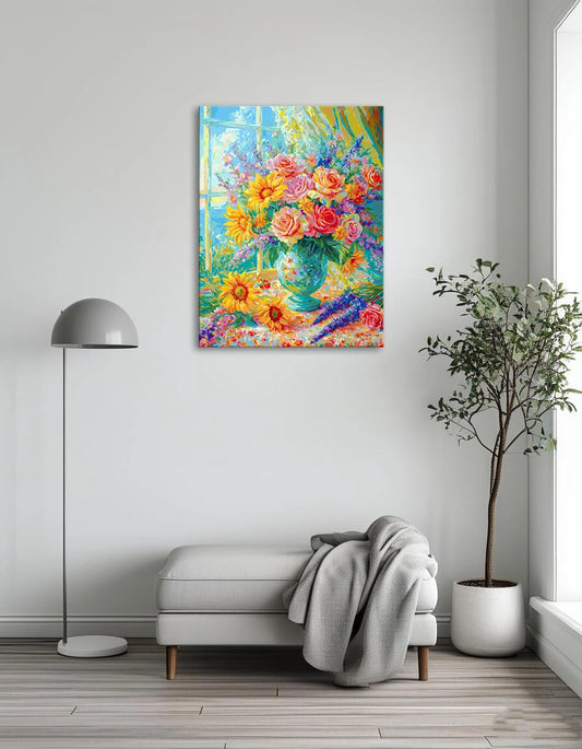 A painting of colorful flowers in a vase, positioned on a windowsill with natural light streaming through the window.