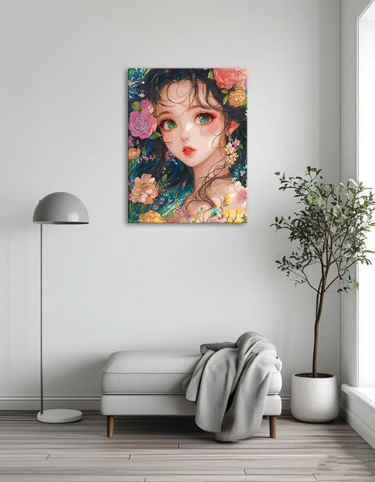 Anime girl with colorful flowers in her hair, smiling softly against a pastel background.