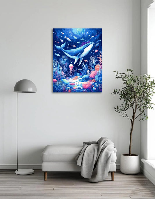 A vibrant painting depicting a whale swimming above a colorful coral reef teeming with marine life.
