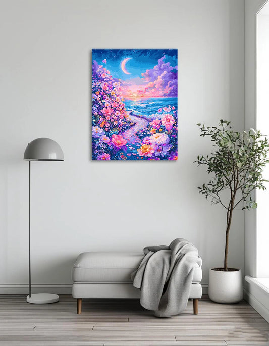 A vibrant painting depicting colorful flowers along a winding path beside the ocean.