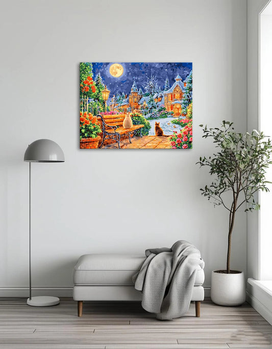 A painting of a cat and dog sitting together on a bench in front of a charming house.