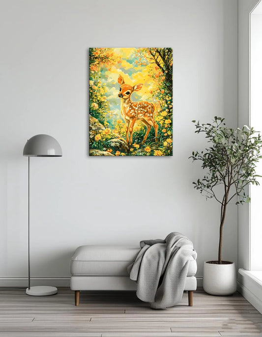 A serene painting of a deer standing among trees in a lush green forest.