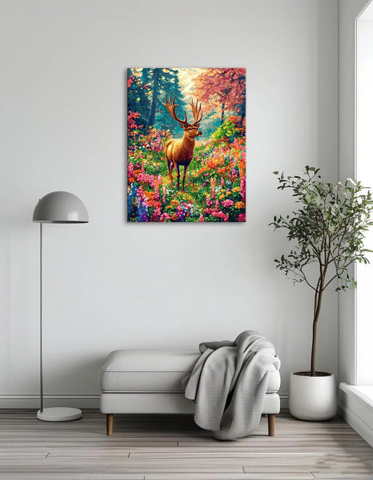 A serene painting of a deer standing gracefully in a vibrant field of colorful flowers.