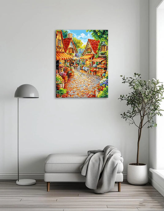 A vibrant painting of a bustling street scene featuring colorful fruit and vegetables for sale.