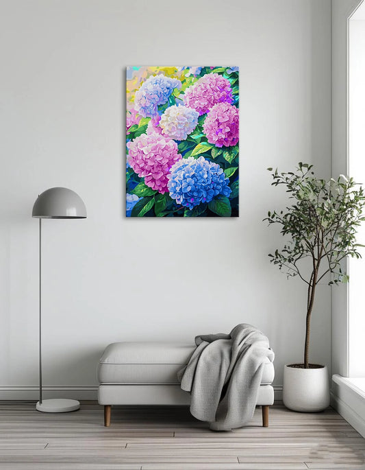 A vibrant painting depicting a variety of colorful flowers blooming in a sunny field.