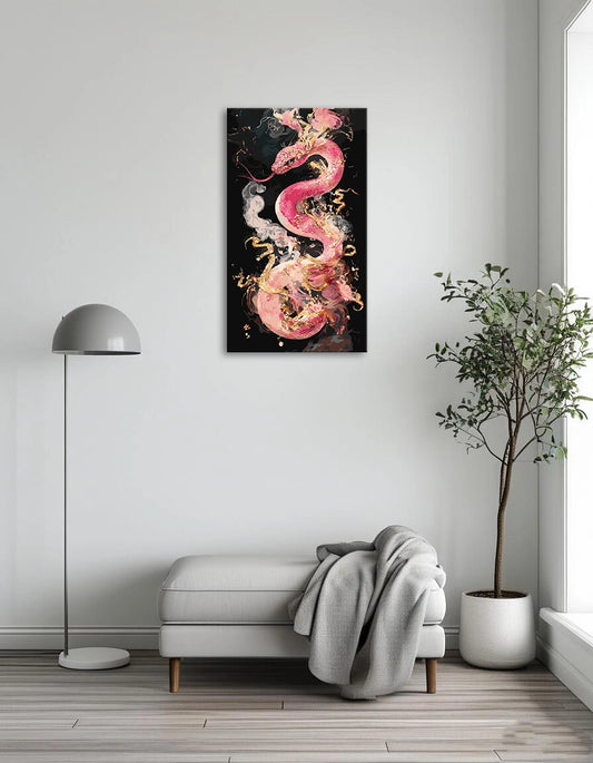 A pink snake featuring vibrant gold and pink patterns slithers gracefully across a textured surface.