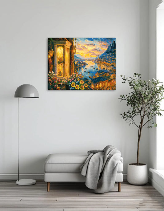 A painting depicting a city skyline at sunset, with vibrant colors illuminating the buildings and sky.