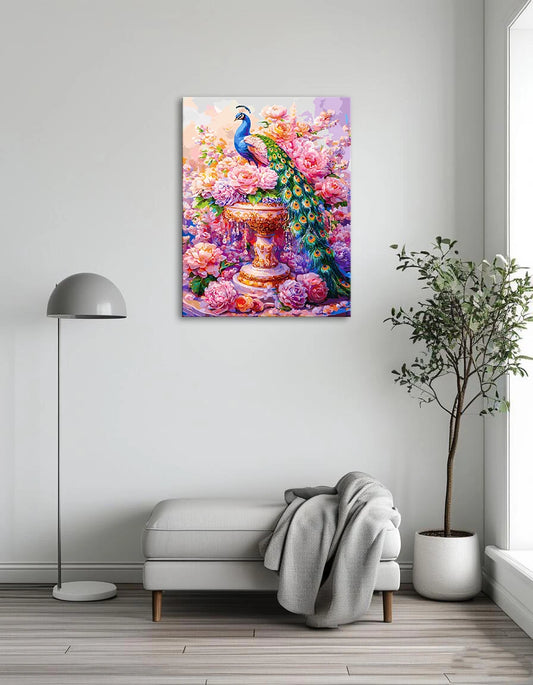 A vibrant painting of a peacock perched on a vase filled with colorful flowers.