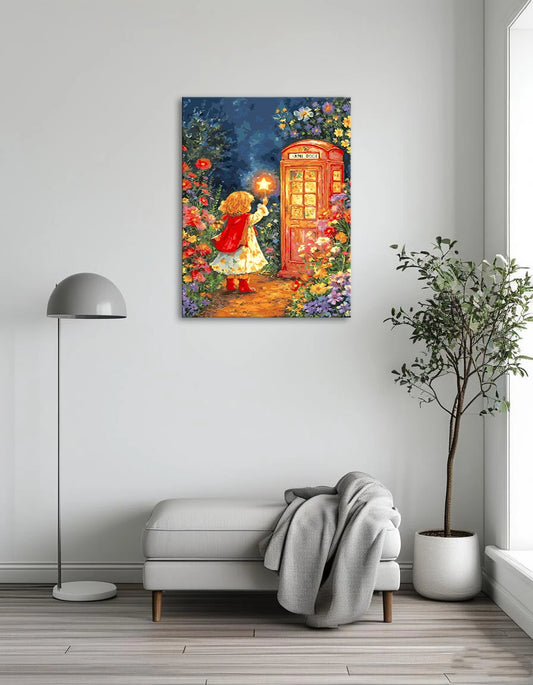 A girl holds a glowing star in front of a vintage telephone booth, creating a whimsical and enchanting scene.