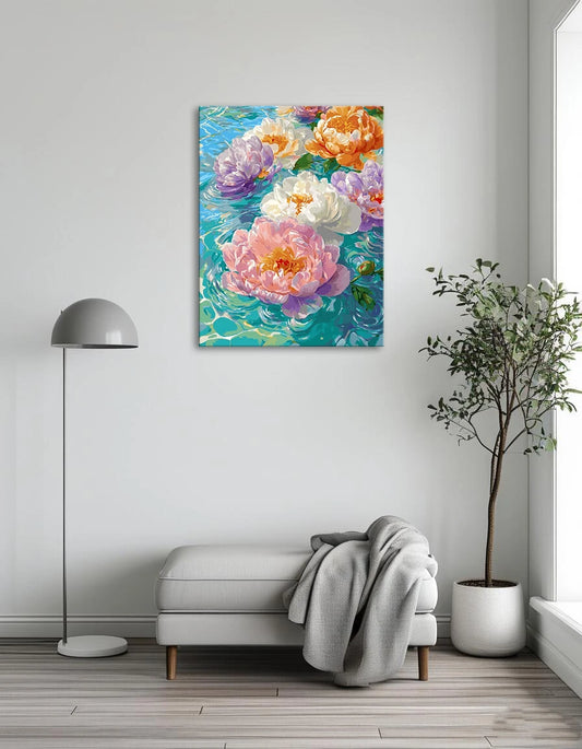 A painting depicting peonies gracefully floating on the surface of tranquil water.