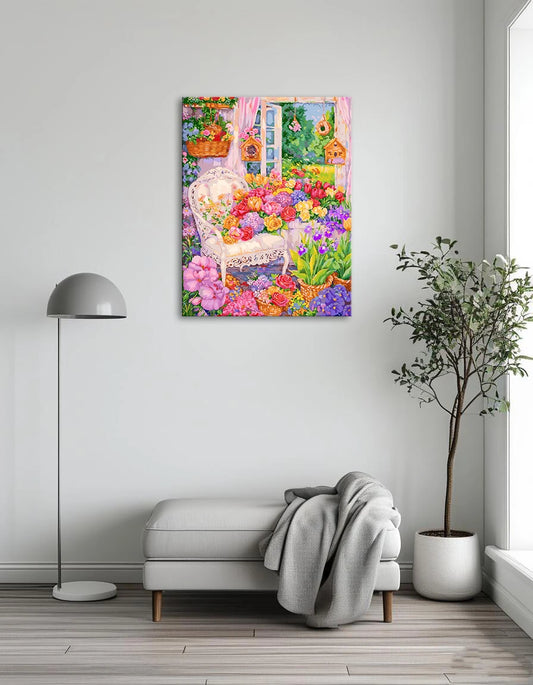 A painting depicting a room adorned with vibrant flowers and colorful birds, creating a lively and serene atmosphere.